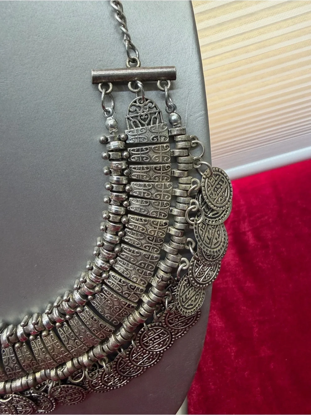 Vintage Silver Tone Boho Ethnic Tribal Coin Fringe Statement Necklace